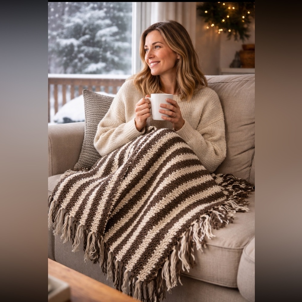 Handmade Crochet Throw Blanket Brown Cream Striped Fringe 45x60
